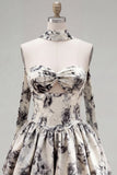 White Black Flower A-Line Sweetheart Homecoming Dress with Neck Scarf