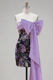Black Floral Strapless Bodycon Sequins Homecoming Dress with Large Bow