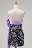 Black Floral Strapless Bodycon Sequins Homecoming Dress with Large Bow