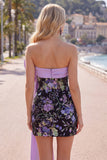 Black Floral Strapless Bodycon Sequins Homecoming Dress with Large Bow