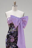 Black Floral Strapless Bodycon Sequins Homecoming Dress with Large Bow