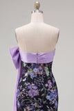 Black Floral Strapless Bodycon Sequins Homecoming Dress with Large Bow