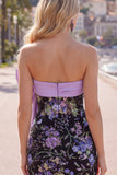 Black Floral Strapless Bodycon Sequins Homecoming Dress with Large Bow