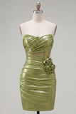 Green Strapless Bodycon Sheer Corset Metallic Homecoming Dress with 3D Flowers