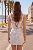 White Square Neck Bodycon Corset Homecoming Dress with Beading