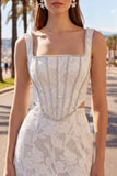 White Square Neck Bodycon Corset Homecoming Dress with Beading