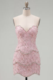 Pearl Floral Sweetheart Pink Bodycon Short Homecoming Dress with Beading