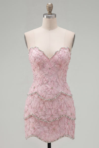 Pearl Floral Sweetheart Pink Bodycon Short Homecoming Dress with Beading