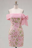 Off the Shoulder Pink Bodycon Floral Homecoming Dress with Sequins