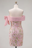 Off the Shoulder Pink Bodycon Floral Homecoming Dress with Sequins