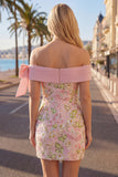 Off the Shoulder Pink Bodycon Floral Homecoming Dress with Sequins