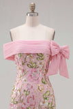 Off the Shoulder Pink Bodycon Floral Homecoming Dress with Sequins