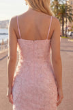 Pink Bodycon Spaghetti Straps Beaded Floral Homecoming Dress with Bow