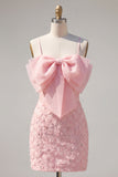 Pink Bodycon Spaghetti Straps Beaded Floral Homecoming Dress with Bow