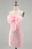 Pink Bodycon Spaghetti Straps Beaded Floral Homecoming Dress with Bow