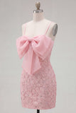 Pink Bodycon Spaghetti Straps Beaded Floral Homecoming Dress with Bow