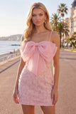Pink Bodycon Spaghetti Straps Beaded Floral Homecoming Dress with Bow