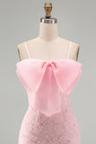 Pink Bodycon Spaghetti Straps Beaded Floral Homecoming Dress with Bow