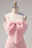 Pink Bodycon Spaghetti Straps Beaded Floral Homecoming Dress with Bow