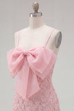 Pink Bodycon Spaghetti Straps Beaded Floral Homecoming Dress with Bow