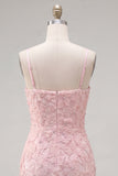 Pink Bodycon Spaghetti Straps Beaded Floral Homecoming Dress with Bow