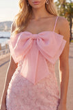 Pink Bodycon Spaghetti Straps Beaded Floral Homecoming Dress with Bow