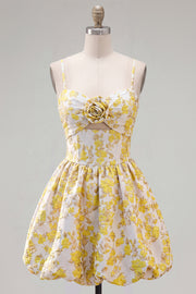 Yellow A-Line Spaghetti Straps Cut Out Floral Homecoming Dress