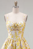 Yellow A-Line Spaghetti Straps Floral Homecoming Dress