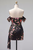 Black Off the Shoulder Bodycon Floral Homecoming Dress with Sash