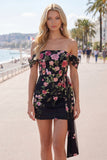 Black Off the Shoulder Bodycon Floral Homecoming Dress with Sash