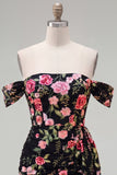 Black Off the Shoulder Bodycon Floral Homecoming Dress with Sash