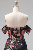 Black Off the Shoulder Bodycon Floral Homecoming Dress with Sash