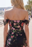 Black Off the Shoulder Bodycon Floral Homecoming Dress with Sash