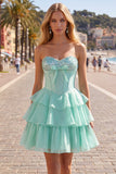 Mint A-Line Sweetheart Corset Chiffon Tiered Homecoming Dress