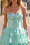 Mint A-Line Sweetheart Corset Chiffon Tiered Homecoming Dress