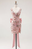 Pink V-Neck Bodycon Floral Homecoming Dress with Slit