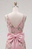 Pink V-Neck Bodycon Floral Homecoming Dress with Slit
