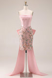 Pink Bodycon Floral Strapless Corset Homecoming Dress with Bow