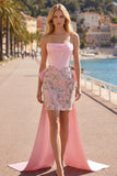 Pink Bodycon Floral Strapless Corset Homecoming Dress with Bow