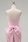 Pink Bodycon Floral Strapless Corset Homecoming Dress with Bow