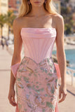 Pink Bodycon Floral Strapless Corset Homecoming Dress with Bow