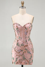 Pink Bodycon Sweetheart Floral Corset Homecoming Dress with Beading