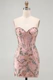 Pink Bodycon Sweetheart Floral Corset Homecoming Dress with Beading