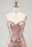 Pink Bodycon Sweetheart Floral Corset Homecoming Dress with Beading