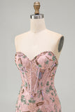 Pink Bodycon Sweetheart Floral Corset Homecoming Dress with Beading