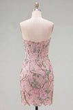 Pink Bodycon Sweetheart Floral Corset Homecoming Dress with Beading