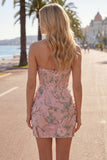 Pink Bodycon Sweetheart Floral Corset Homecoming Dress with Beading