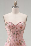 Pink Bodycon Sweetheart Floral Corset Homecoming Dress with Beading