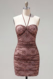 Chocolate Bodycon Halter Neck Ruched Homecoming Dress with Beading