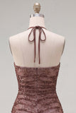 Chocolate Bodycon Halter Neck Ruched Homecoming Dress with Beading